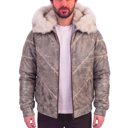 Casper V-Bomber Leather Puffer Jacket with White Fox Fur Collar
