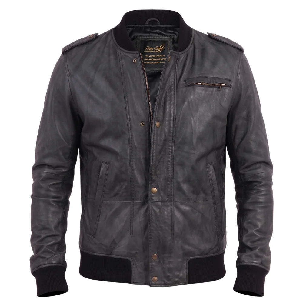 Black Bomber Leather Jacket with Button Closure