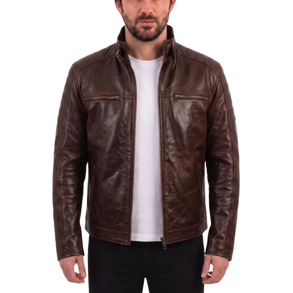 Morton's Vintage Oiled moto style jacket with collar belt