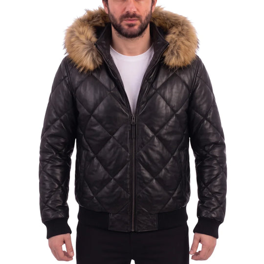 Joel Diamond Quilted & Hooded Leather Puffer Jacket