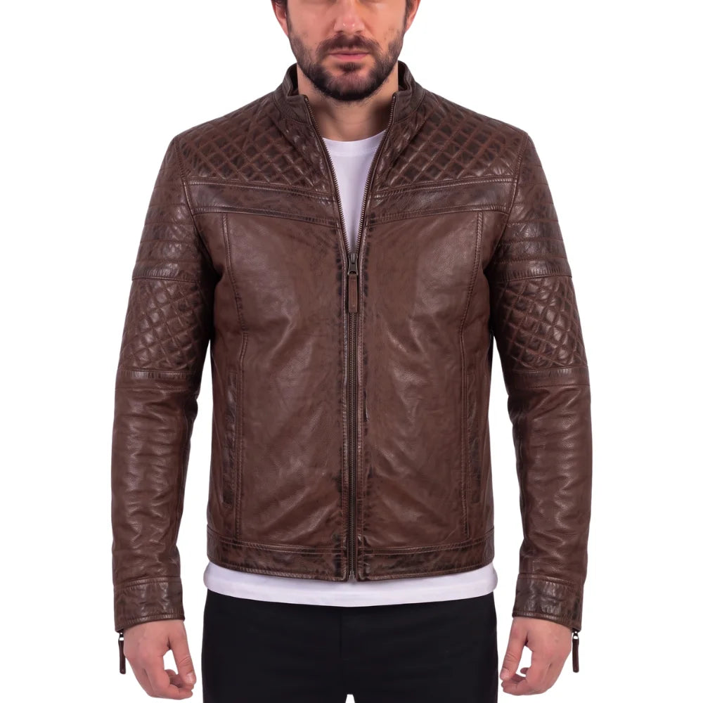 Men's Tawton Brown Leather Jacket with quilted panels