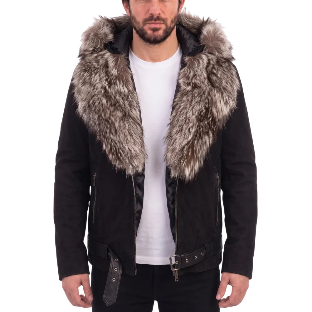 Allen Black Nubuck  Leather jacket with Real Fox Fur on collar and hoodie