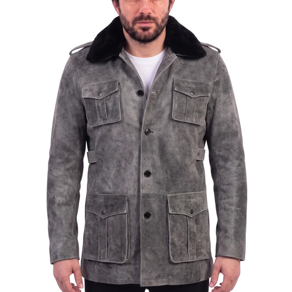 Ryder vintage grey leather coat with fur collar