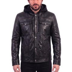 Easton Black Hooded Trucker Leather Motorcycle Jacket