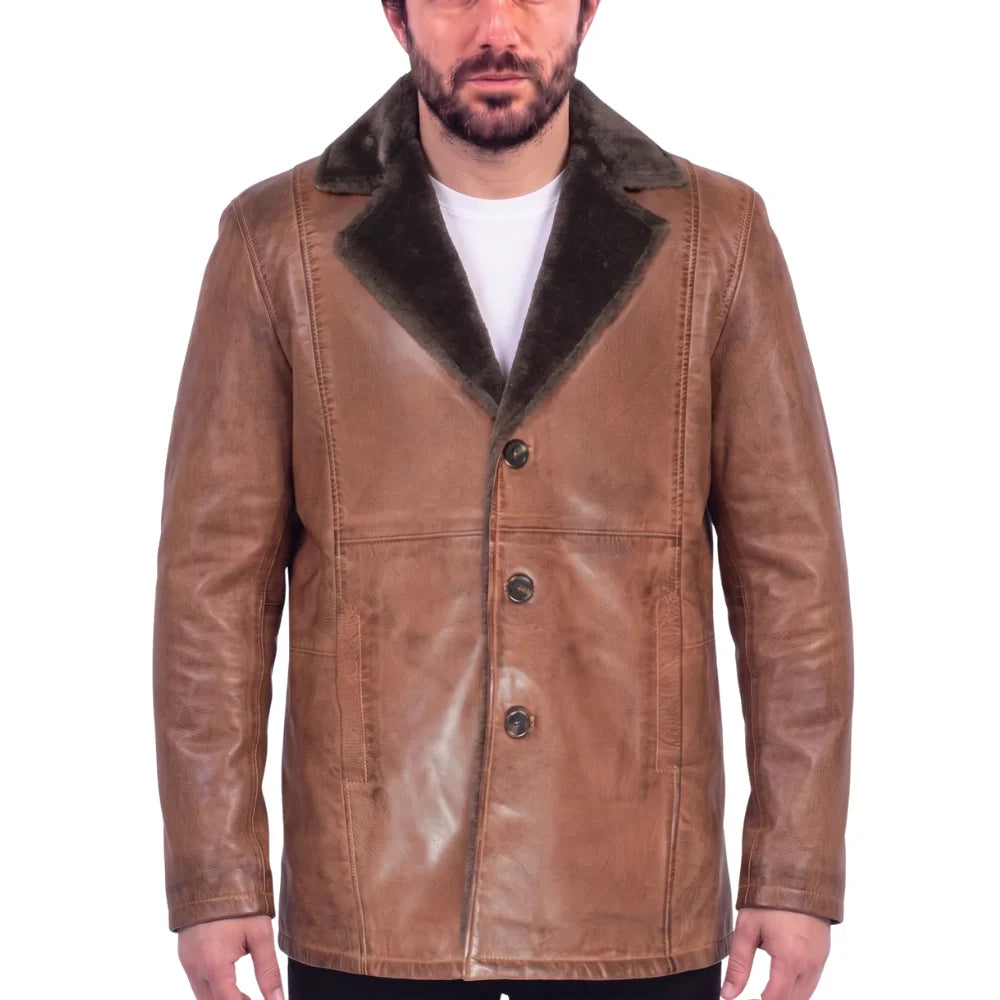 Rust leather car coat with faux fur