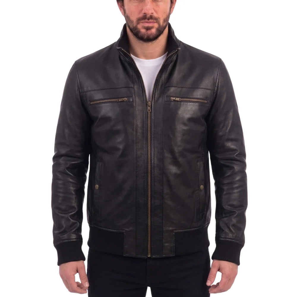Masons Black Bomber Style Leather Jacket