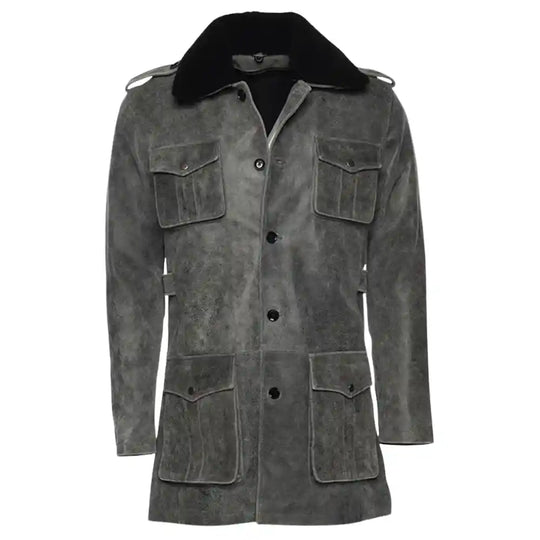 Ryder vintage grey leather coat with fur collar