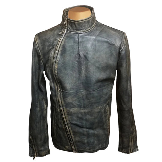 Kwame's vintage style leather jacket with straight collar