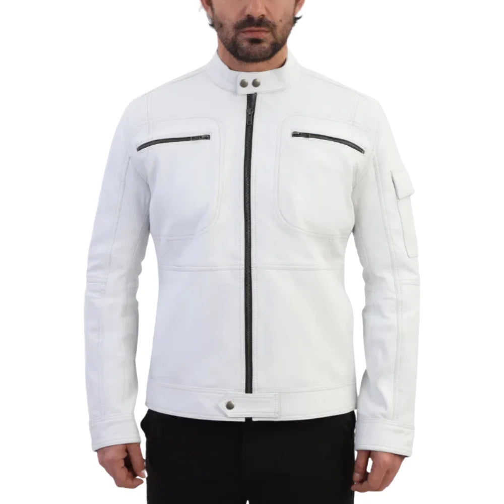 Plain White moto style leather jacket