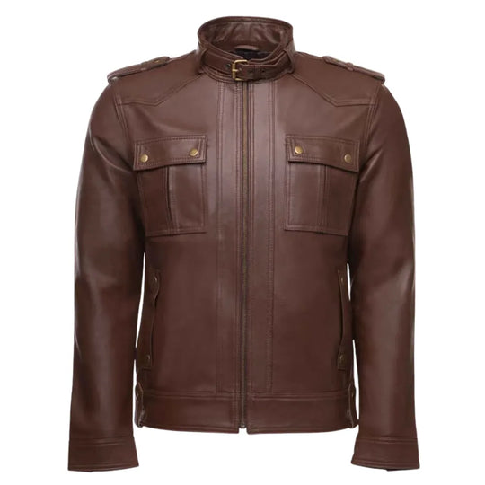 Brown leather jacket with collar belt