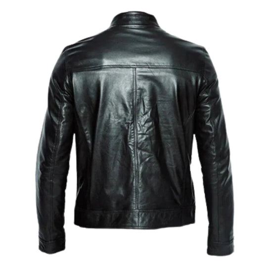 Plain black moto style jacket with stripes