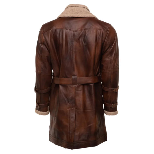 Vintage Rust 3/4 Leather Trench coat with Sherpa Lining