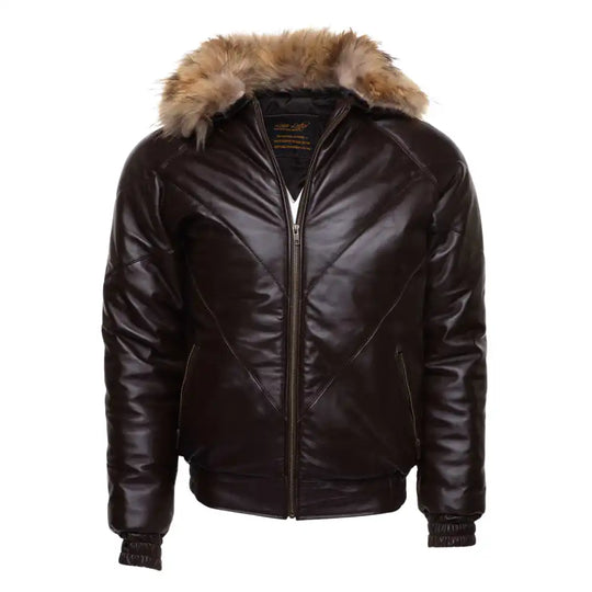 Front view of the V-Bomber jacket in rich brown leather, featuring a classic puffer silhouette and a plush, oversized fur collar.