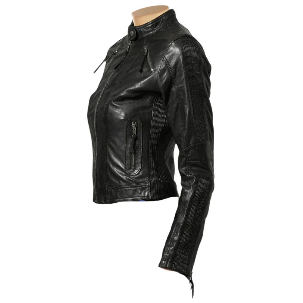 Side profile of Women’s cropped leather jacket in black with a cafe racer style and a sleek band collar.