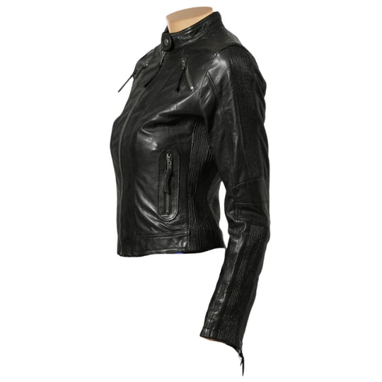 Side profile of Women’s cropped leather jacket in black with a cafe racer style and a sleek band collar.