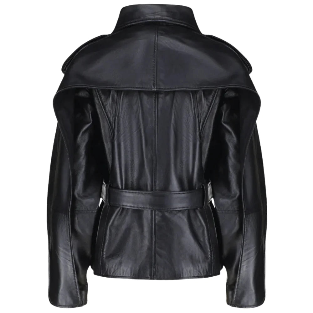 Back view of the Zelora black leather jacket showing the relaxed, oversized fit and clean panel stitching across the shoulders.