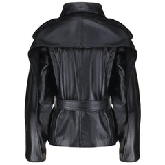 Back view of the Zelora black leather jacket showing the relaxed, oversized fit and clean panel stitching across the shoulders.
