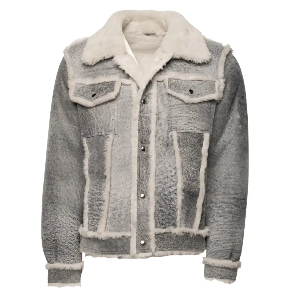 Front view of Aiden's Distressed Grey Shearling Trucker Jacket, featuring a classic trucker-style design with a shearling collar and button-down front. The jacket showcases a combination of grey distressed fabric and white faux fur trims along the edges.