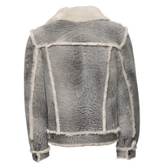 Back view of Aiden's Grey Shearling Trucker Jacket, displaying the distressed grey fabric and soft white shearling lining around the edges. The back highlights the clean, rugged design of the jacket with visible stitching along the seams.