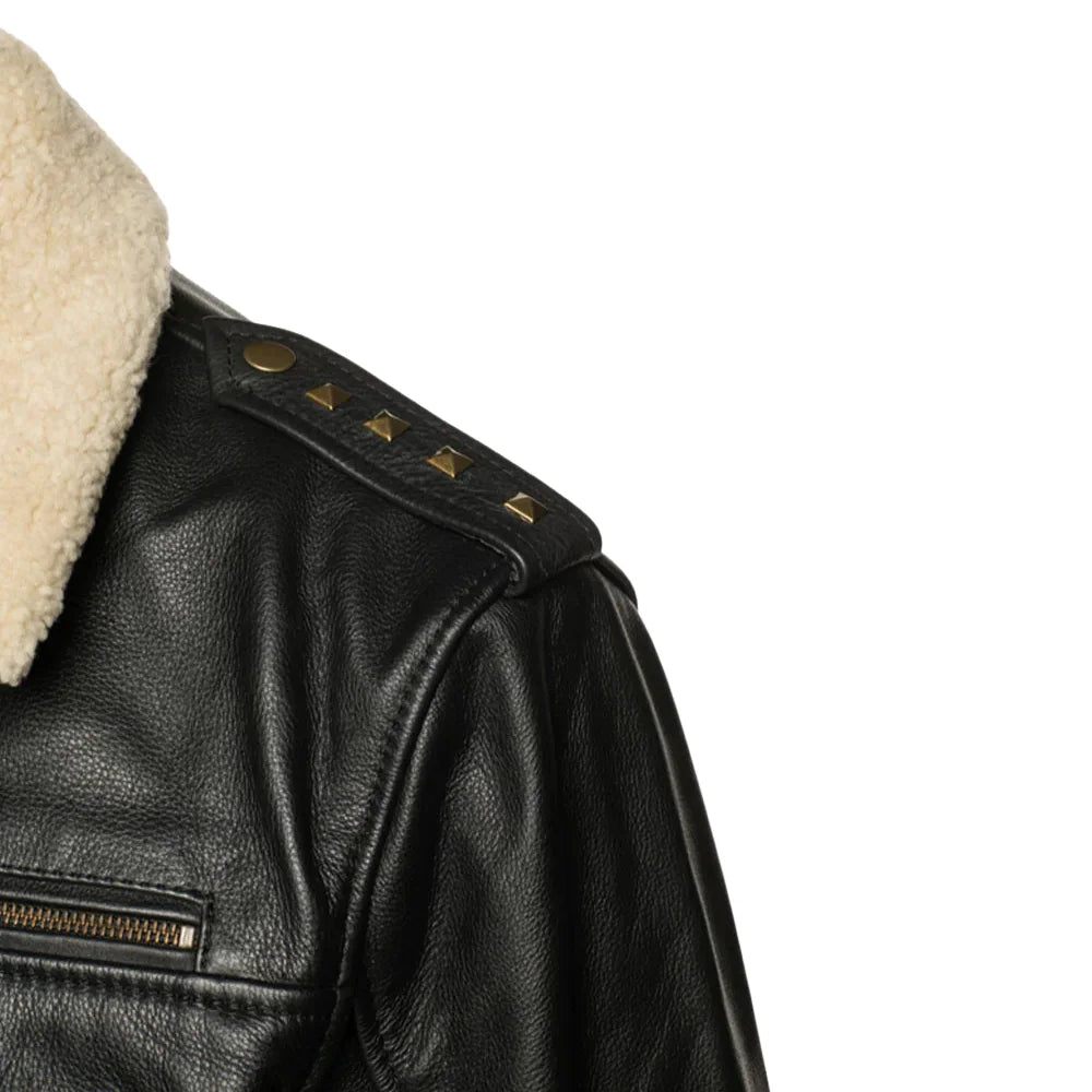 Front view of the Alaric black leather bomber jacket with a shearling collar, featuring quilted lining for added warmth and comfort.