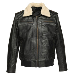 Alaric black leather bomber jacket featuring a soft shearling collar, front view with a zip closure and multiple pockets.