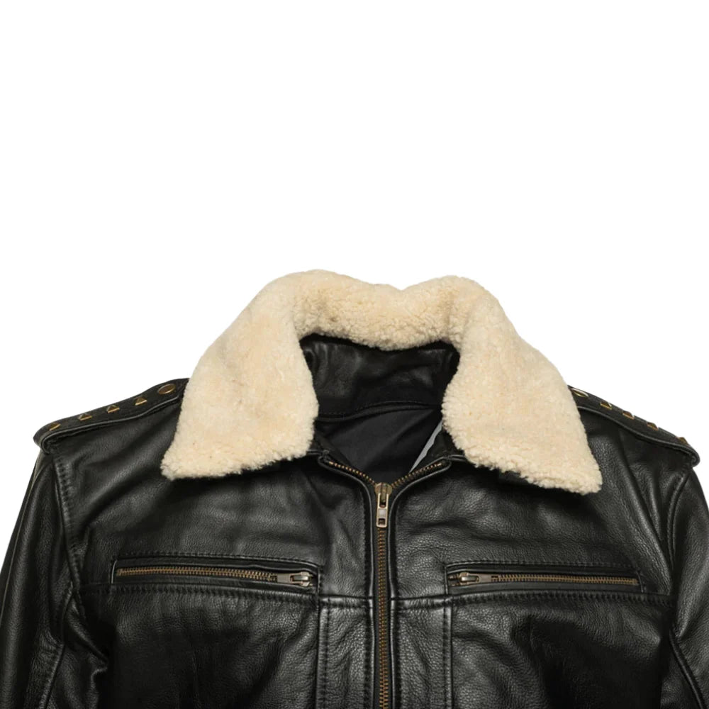 Close-up view of the Alaric black leather bomber jacket’s shearling collar, showcasing the luxurious texture and stitching.