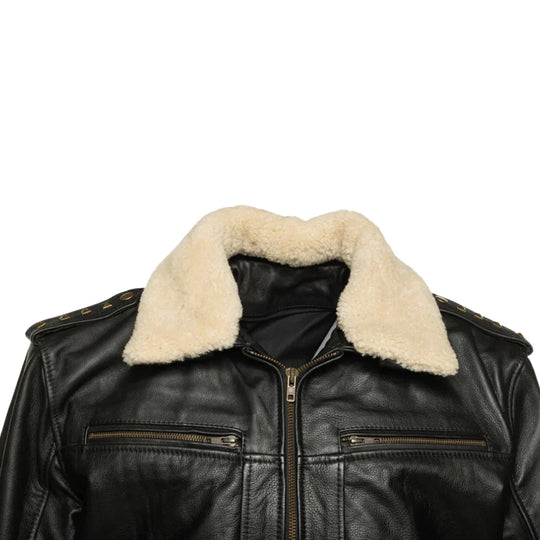 Close-up view of the Alaric black leather bomber jacket’s shearling collar, showcasing the luxurious texture and stitching.