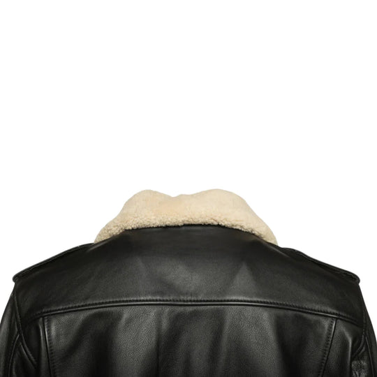 Back detailed view of Black leather jacket with beige fur collar on a white background