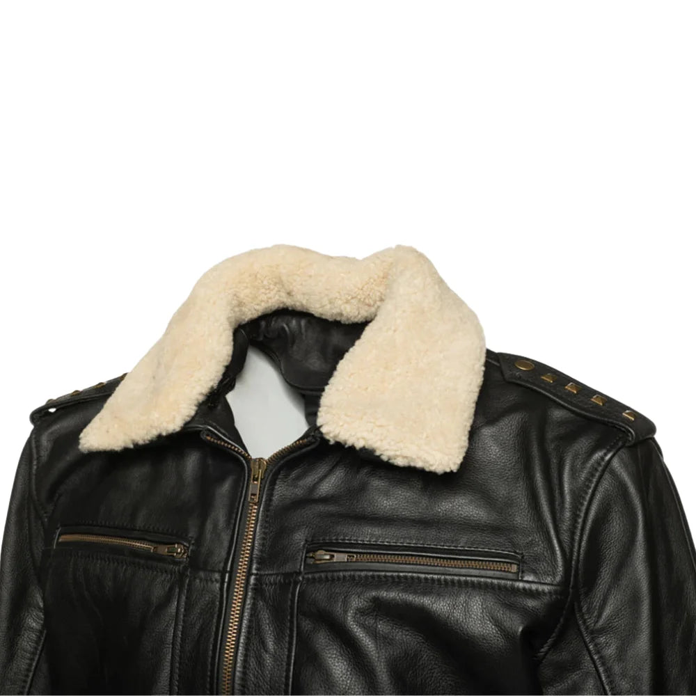 Side detailed view of the Alaric black bomber jacket with cream fur collar on a white background.