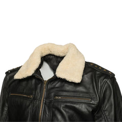 Side detailed view of the Alaric black bomber jacket with cream fur collar on a white background.