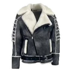 Front view of Albert Distressed Grey Shearling Leather Biker Jacket with classic asymmetrical zipper