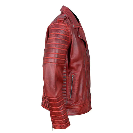 Side view of Antique Red Quilted Leather Biker Jacket showing tailored silhouette