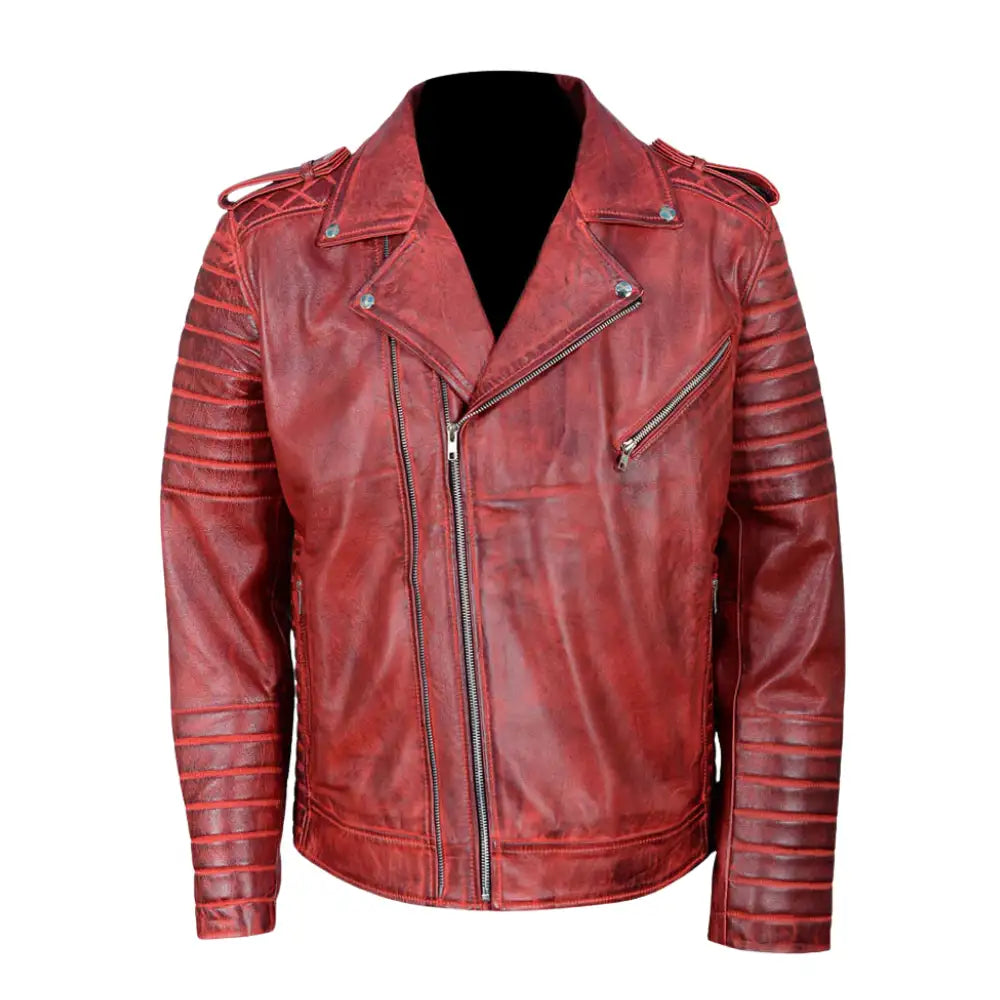 Front view of Antique Red Quilted Leather Biker Jacket with classic zipper closure