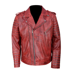 Front view of Antique Red Quilted Leather Biker Jacket with classic zipper closure