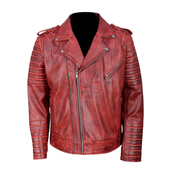 Front view of Antique Red Quilted Leather Biker Jacket with classic zipper closure