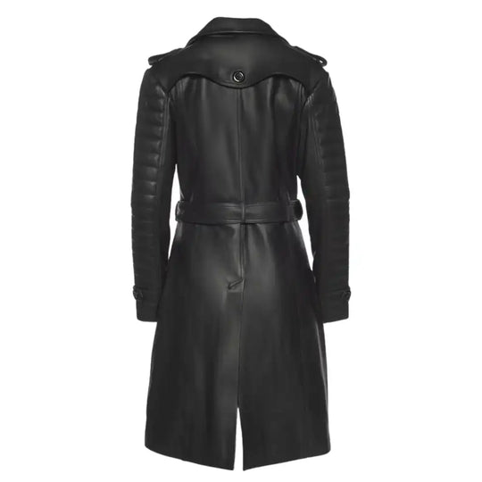 Back view of the Ariana black leather trench coat on a mannequin, featuring a belted waist, buttoned styled shoulder back and classic lapel collar.