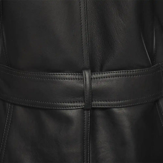 Close-up of a belt Ariana black leather trench coat with belt 