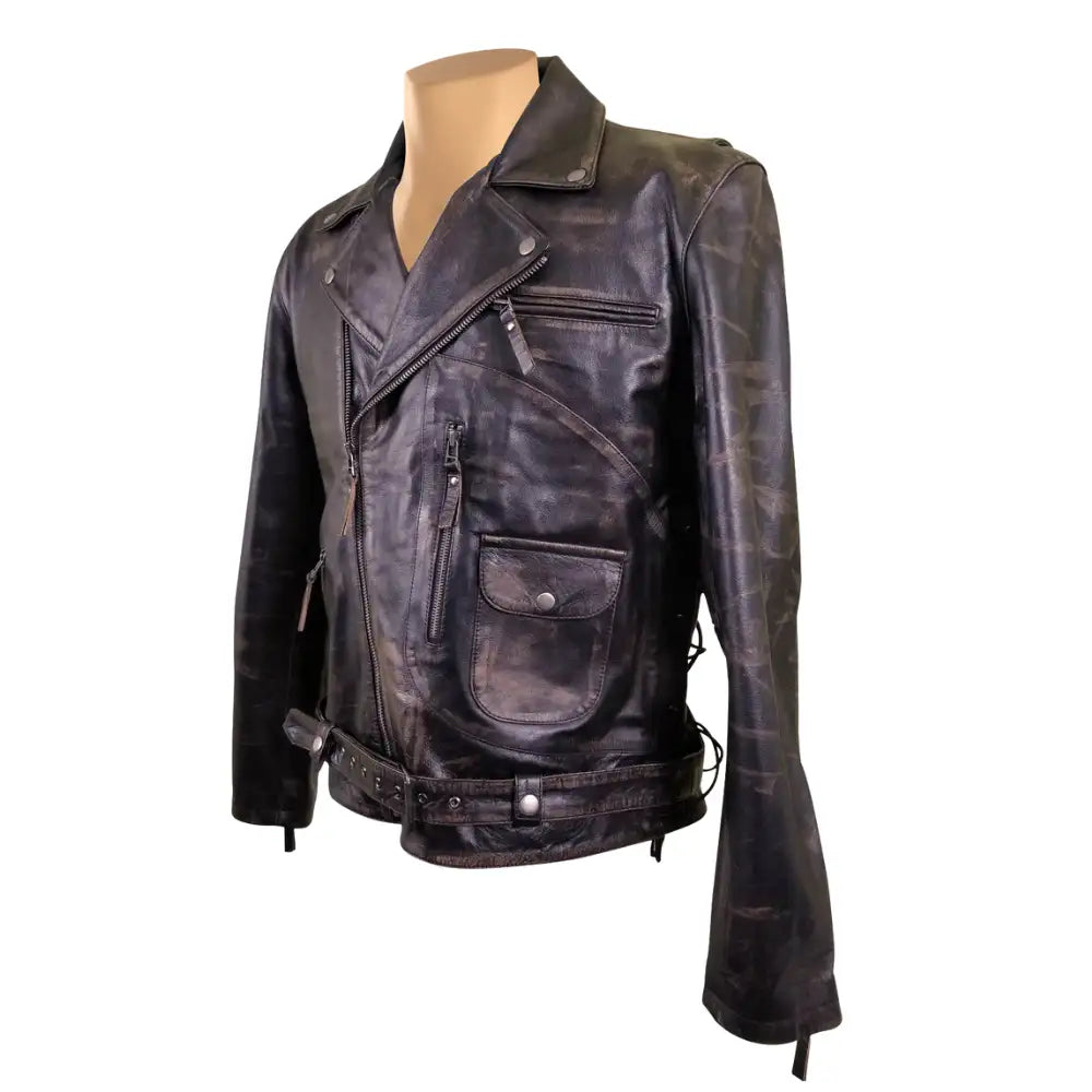 Side view of Arnold Schwarzenegger Terminator 2 distressed leather biker jacket