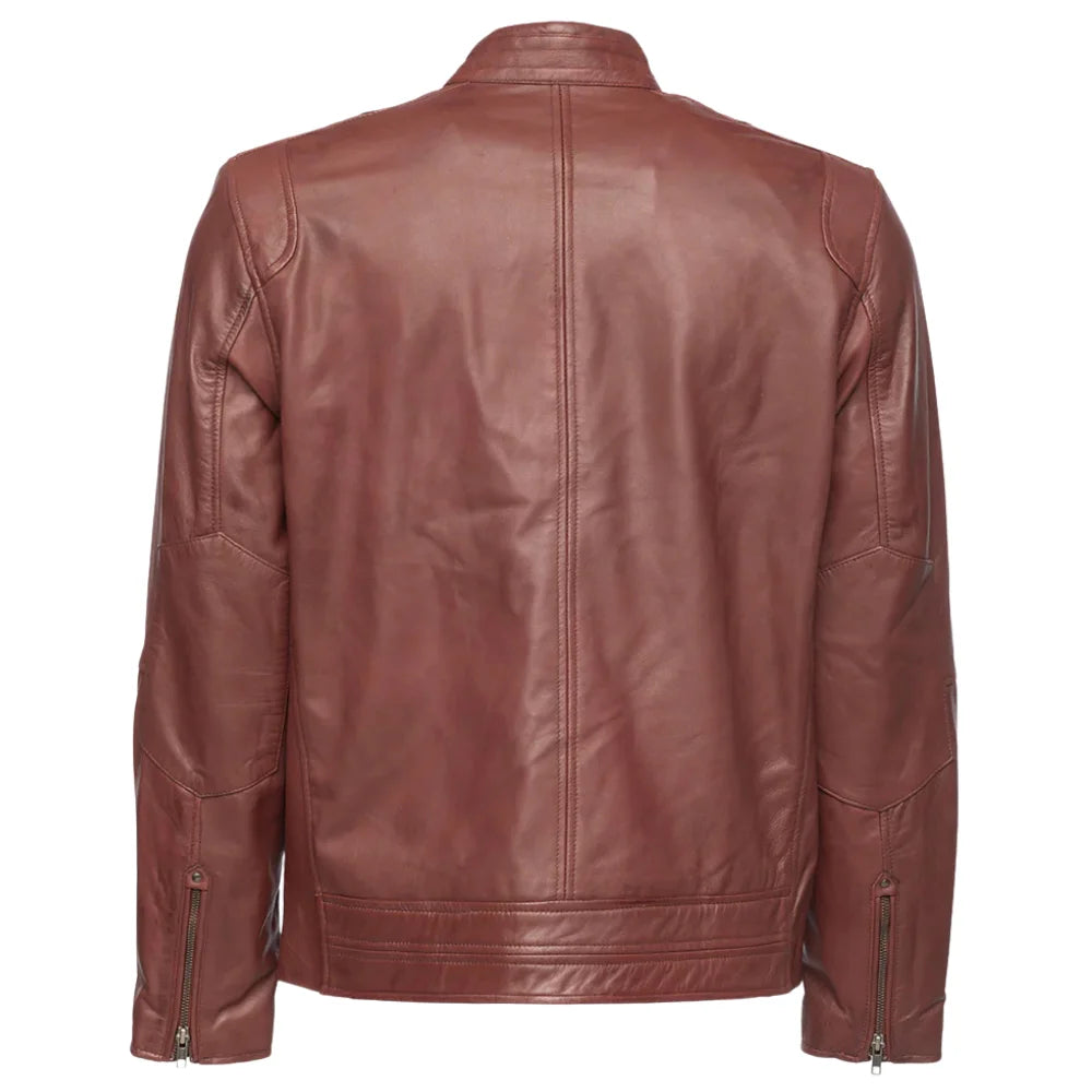 Rear view of Arthur Burgundy Café Racer Leather Jacket showing vertical panel stitching and zippered cuffs on a white background.
