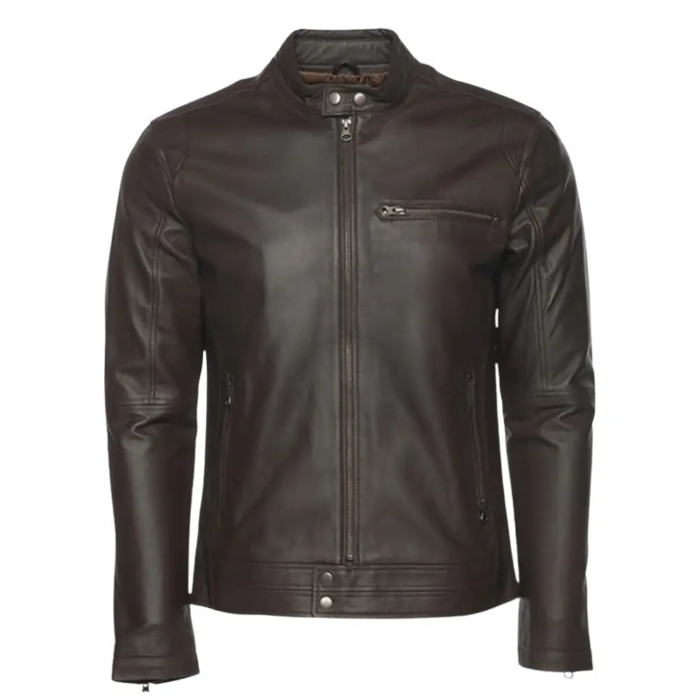 Arthur Dark Brown Café Racer Leather Jacket front view dark brown leather cafe racer jacket