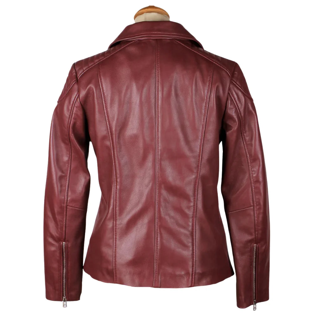 Rear view of Ayla’s Women’s Burgundy Biker Jacket showing the tailored feminine fit and horizontal waist stitching on a white background.