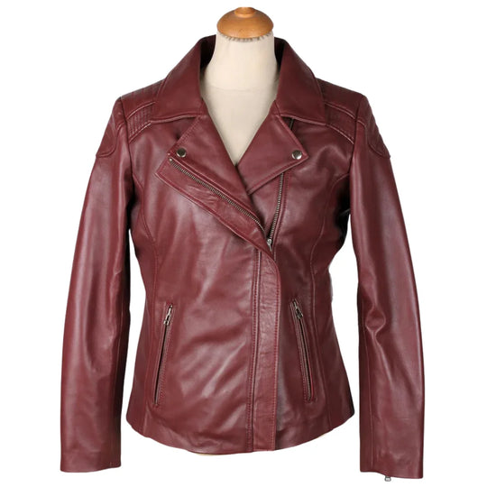 Front view of Ayla’s Women’s Burgundy Biker Style Jacket featuring wide double lapels and asymmetrical zipper on a white background.