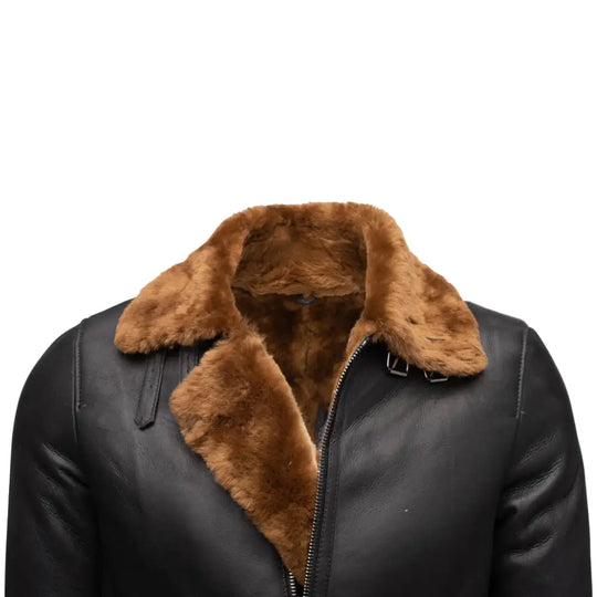 Close-up of the Classic Ginger Brown B3 Bomber Aviator Shearling Jacket, showcasing the double-buckled throat latch and leather finish with fur collar.