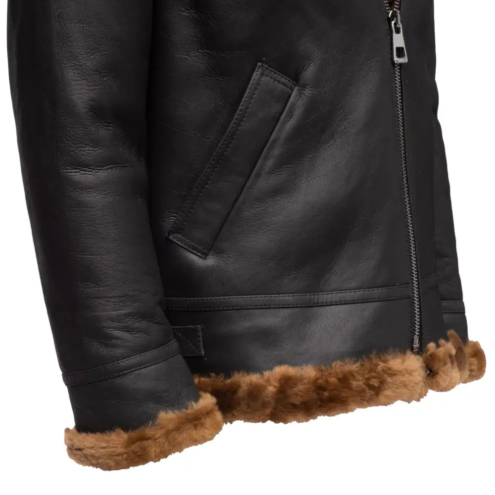 Detailed view of the Classic Ginger Brown B3 Bomber Aviator Shearling Jacket with turned-back shearling cuffs and stylish leather design.