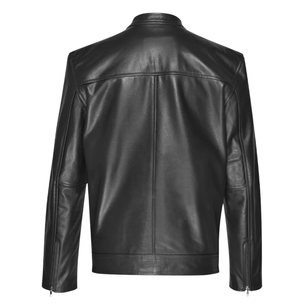Bandit Black Cafe Racer Heavy Leather Jacket back view heavy black leather jacket