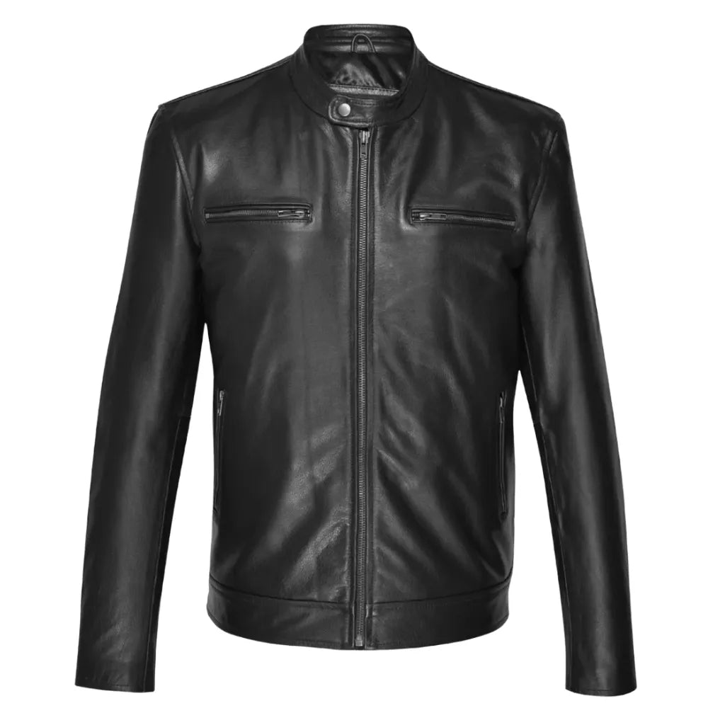 Bandit Black Cafe Racer Heavy Leather Jacket front view heavy black leather cafe racer jacket