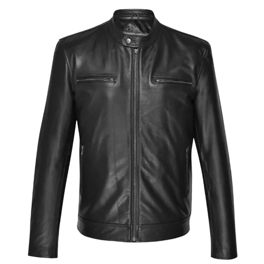 Bandit Black Cafe Racer Heavy Leather Jacket front view heavy black leather cafe racer jacket