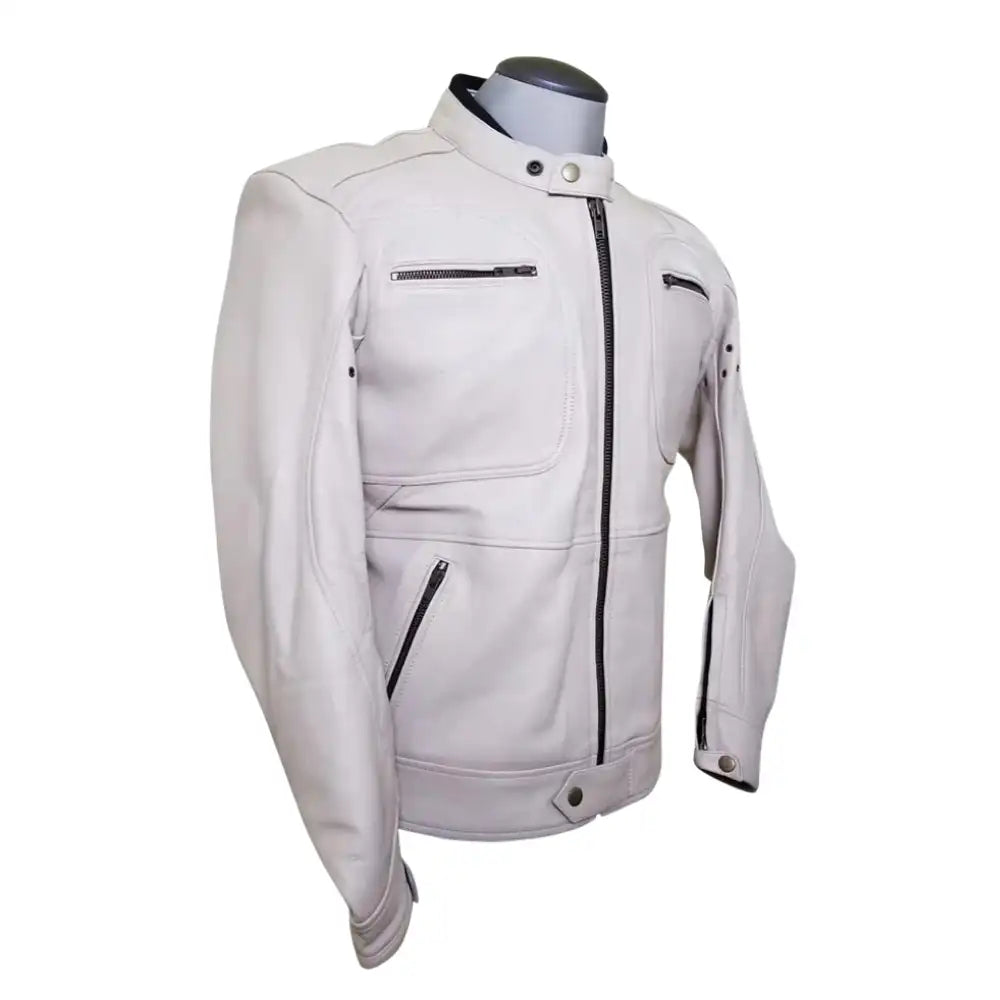 Side & Detailed shot of the brushed nickel or antique silver zippers, which provide a soft contrast against the warm beige leather tones.