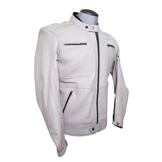 Side & Detailed shot of the brushed nickel or antique silver zippers, which provide a soft contrast against the warm beige leather tones.