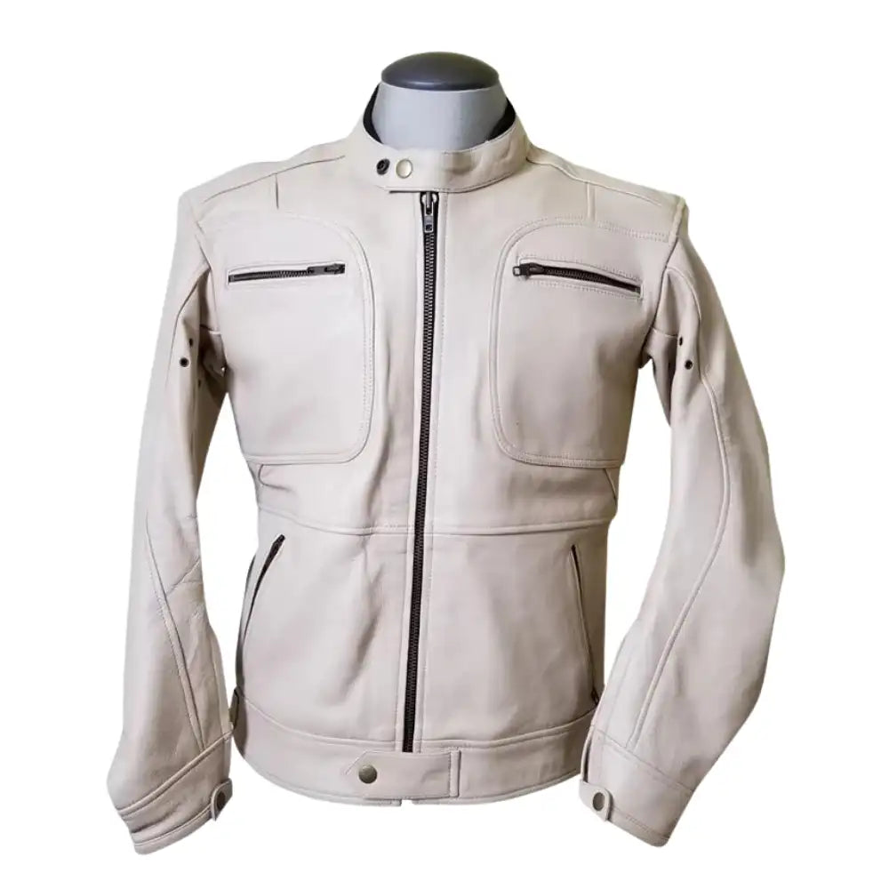 Front view of a beige leather motorcycle jacket, featuring a sophisticated light-tan finish with a classic zip-front and minimalist collar.
